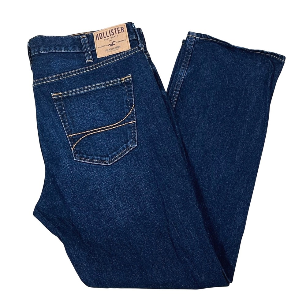 Hollister Men Classic Straight Jeans 36x32 Dark Blue Denim Zip Whiskering Fading